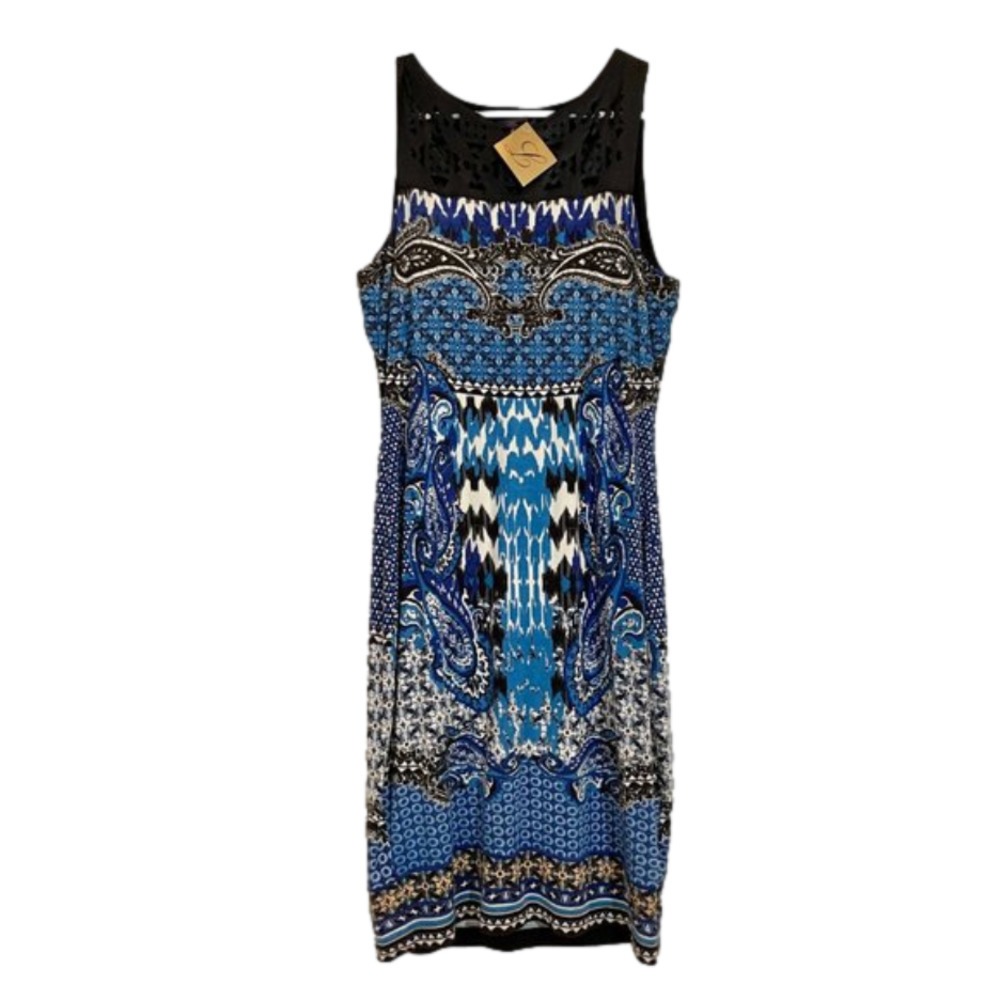 Hale Bob Blue Black Paisley Print Sleeveless Dress
